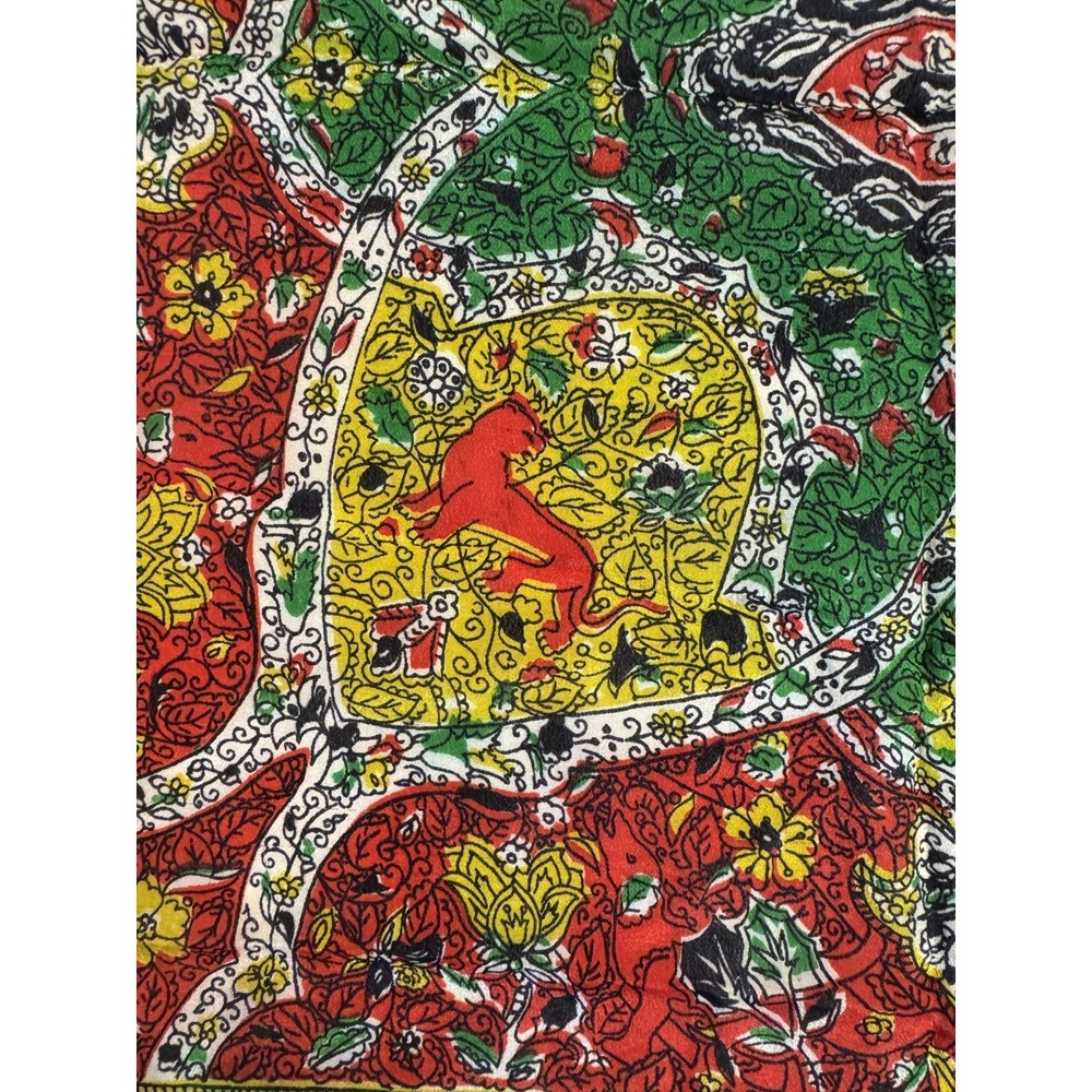 Vintage Red Green Yellow Boho Floral Lion jaguar Square Scarf 30" - Picture 4 of 11